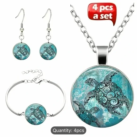 NEW IN PACKAGE! Sea Turtle 4pc Set Necklace, Earrings Bracelet 🐢 - Picture 1 of 4